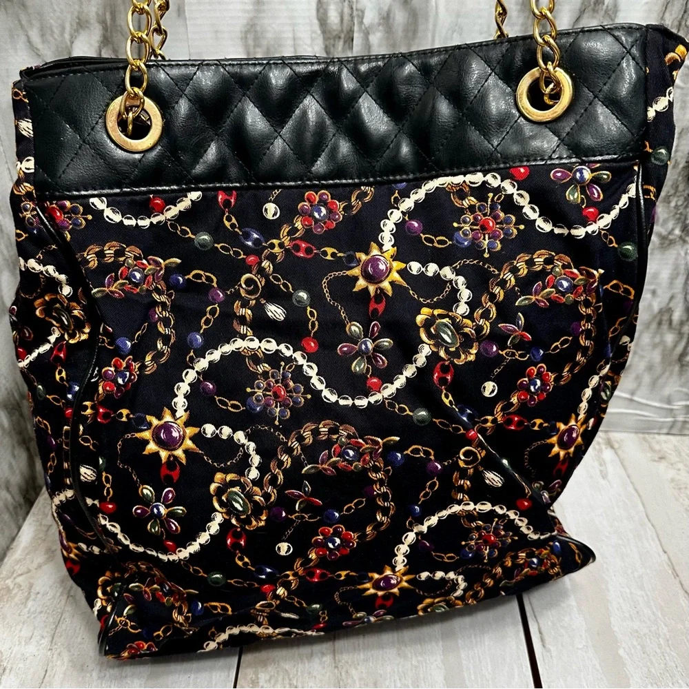 Monet Black Gold Chain Pattern Tote Bag Vintage 80s Jewelry Print Large Cloth